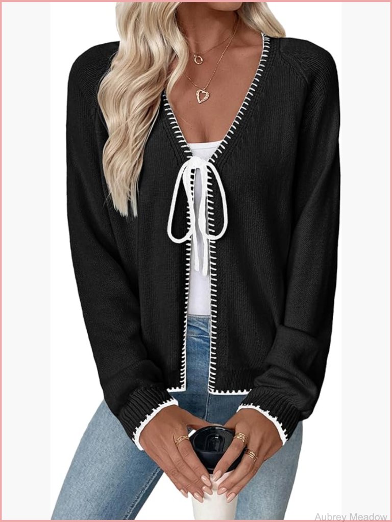 Trendy V Neck Open Front Bow Tie Knit Cardigan Sweater